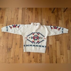 Cream Aztec Pattern Knit Sweater with Red & Green Accents